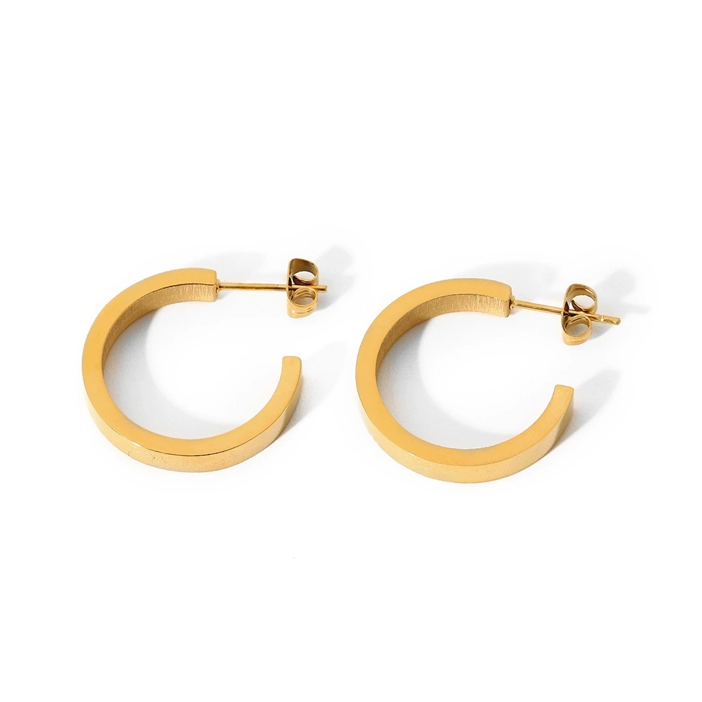 18K Gold-Plated Stainless Steel C-Shaped Open Solid Square-Tube Hoop Earrings